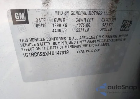 2017 Chevrolet Volt Lt из США, поврежденный, VIN 1G1RC6S5XHU147319